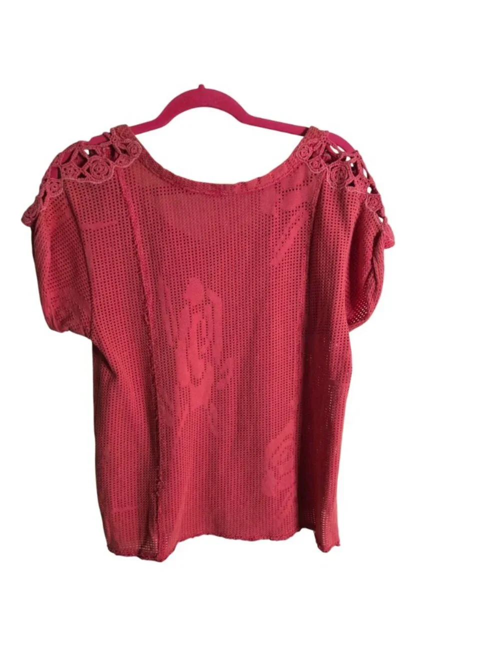 Free People Bohemian Crochet Shoulder Tie Neckline Faded Red Cotton Top Size S